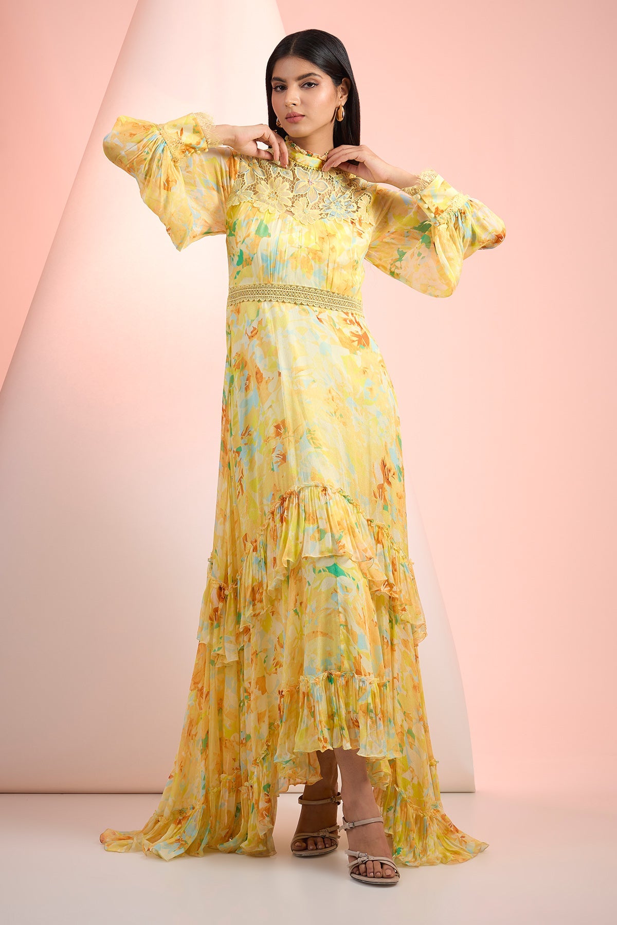 Buy Yellow Chiffon Printed Dress by Mandira Wirk for Women online at ScrollnShops